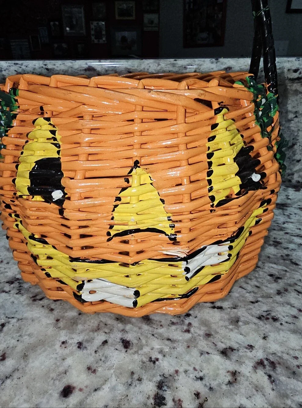 Hand Painted Pumpkin Jack-O-Lantern Basket Spider & Leaves